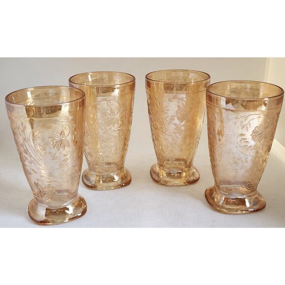 GLASSES-JEANNETTE GLASS FLORAGOLD-LOUISA-Tumblers-Amber-Iridescent-Set 4 - Picture 3 of 8